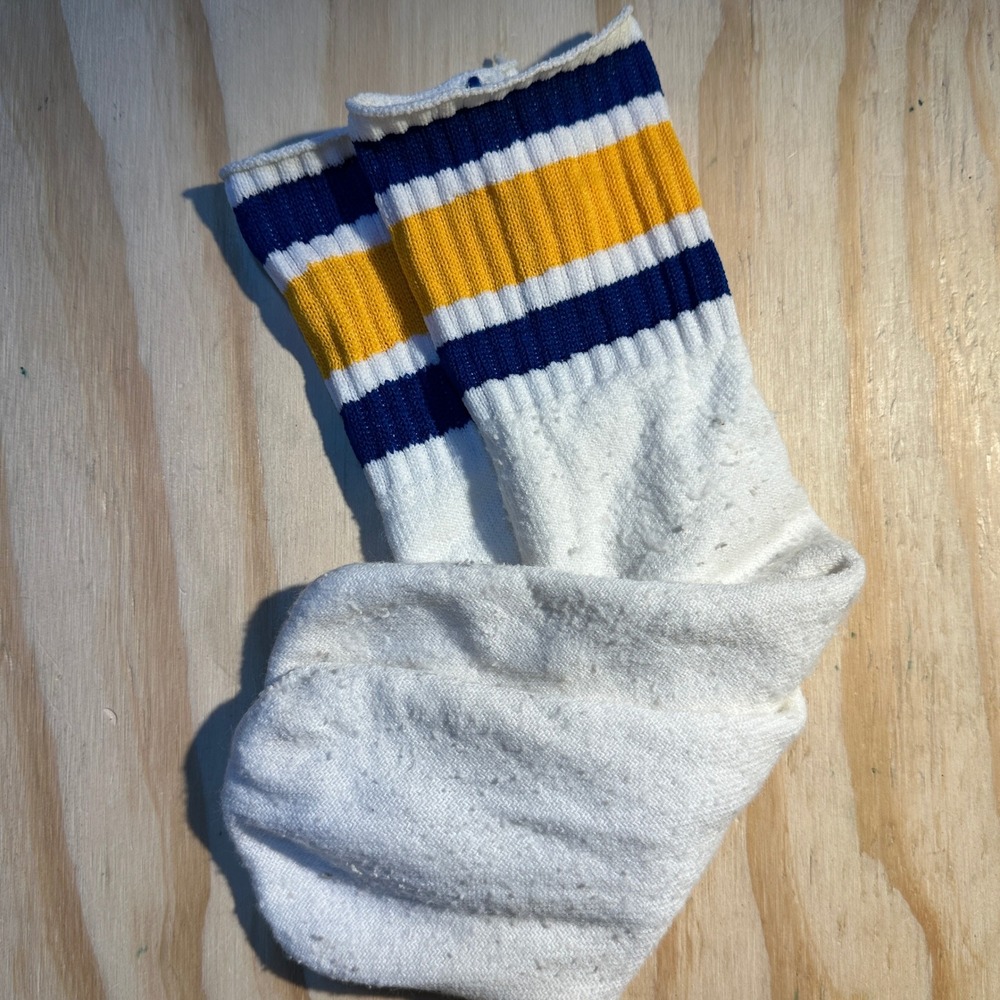 Vintage 70s Striped Athletic Crew Socks White Blue Yellow Retro Gym Skater